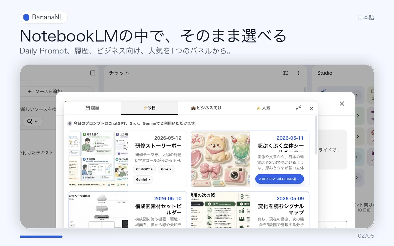 NotebookLMでBananaNLパネルを使っている画面