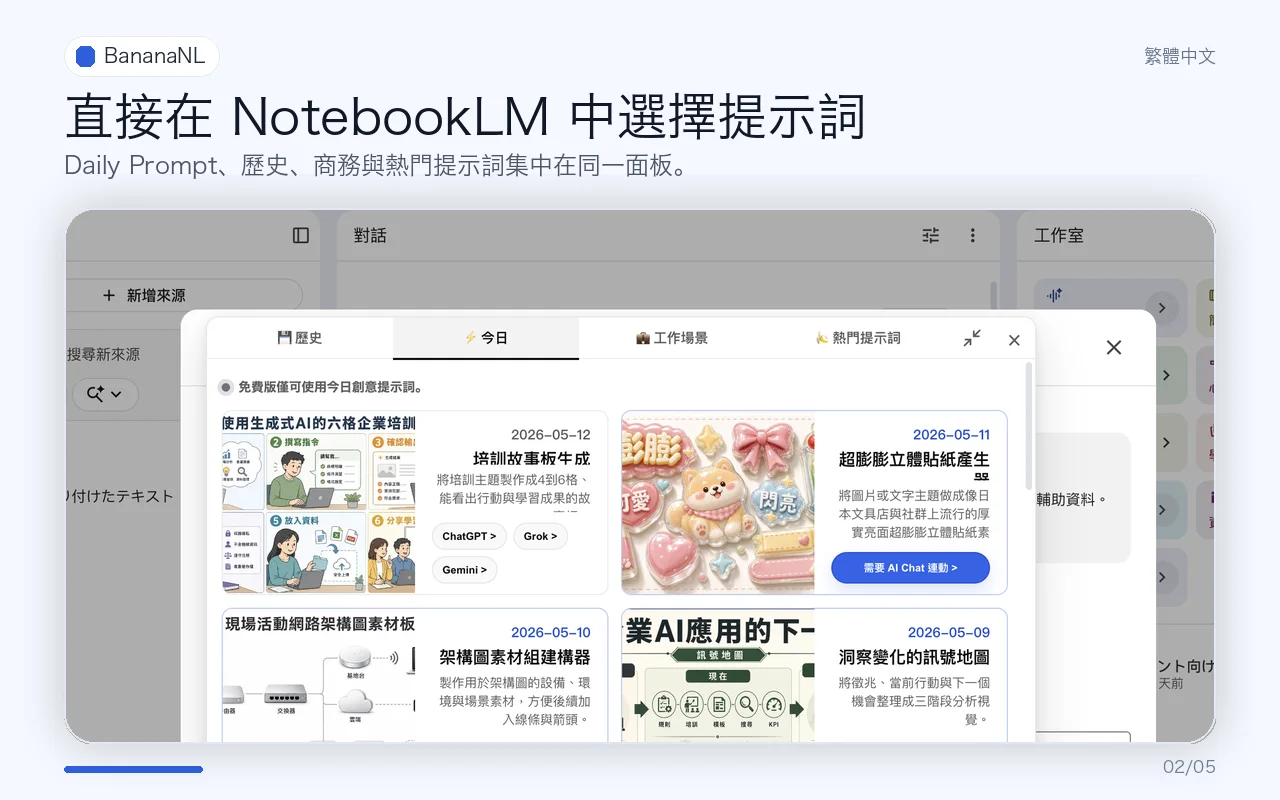 在 NotebookLM 使用 BananaNL 面板的畫面
